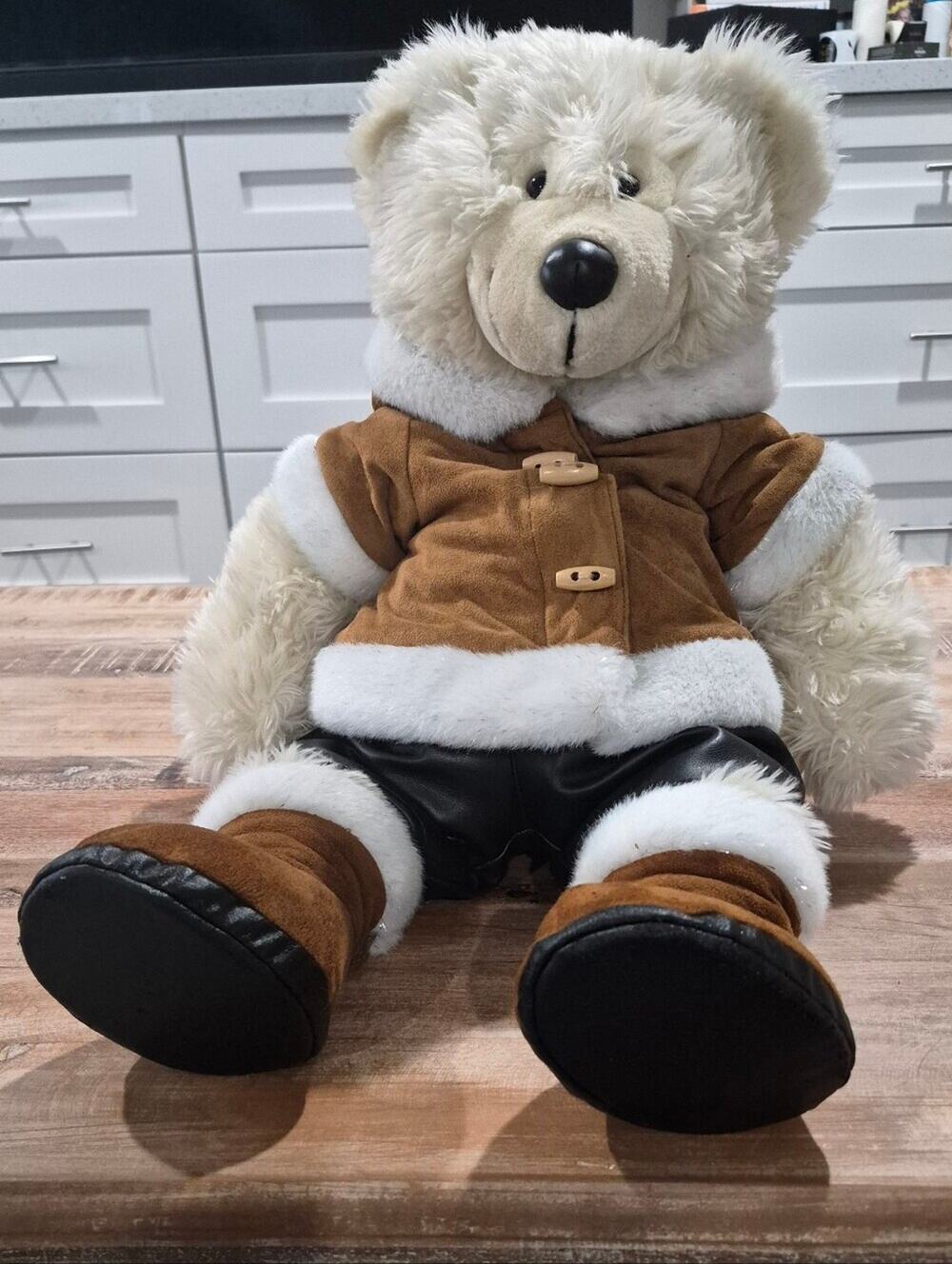 Vintage Build-A-Bear Plush Cream Teddy Bear W/ Faux Fur Winter Jacket & Pants